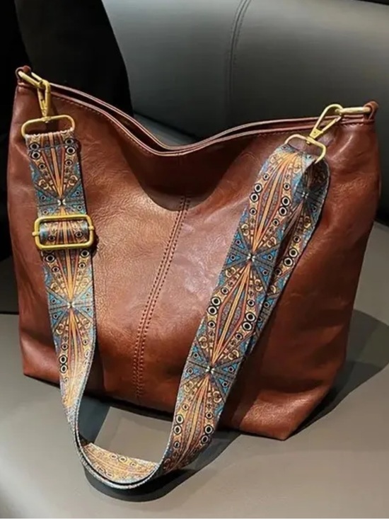 Handbags - #2816*”9x12”Brown Leather Crossbody Bag with Patterned Adjustable Strap